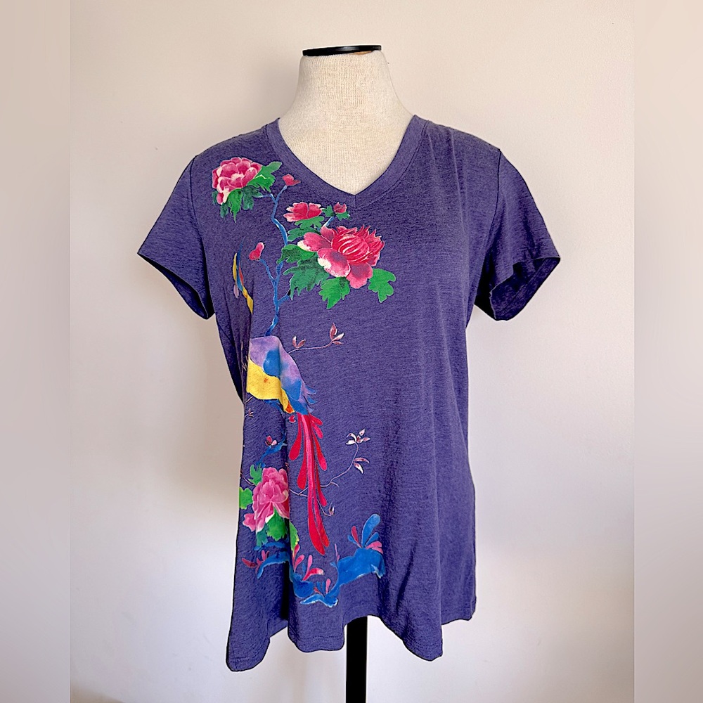 OLD NAVY Purple Peacock Floral V Neck Shirt Large Short Sleeve T-Shirt Top NEW